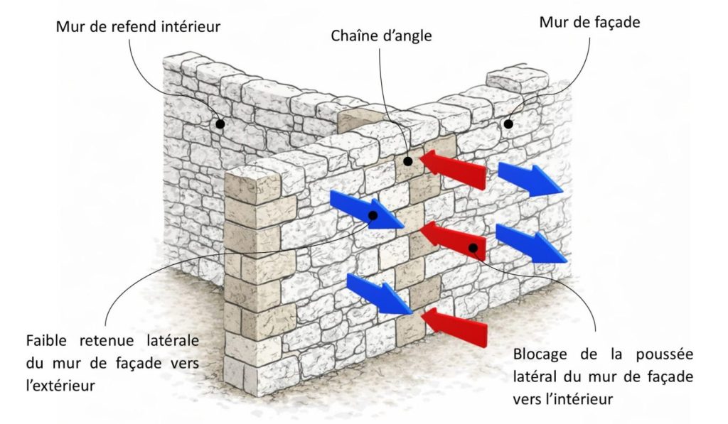 Schéma du mur de refend stabilisant les façades et reprenant les efforts.
