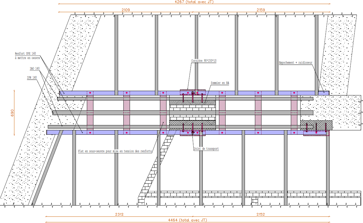 Plan technique de renforcement de linteau avec UPE, cornières et sommier béton dans un bâtiment ancien