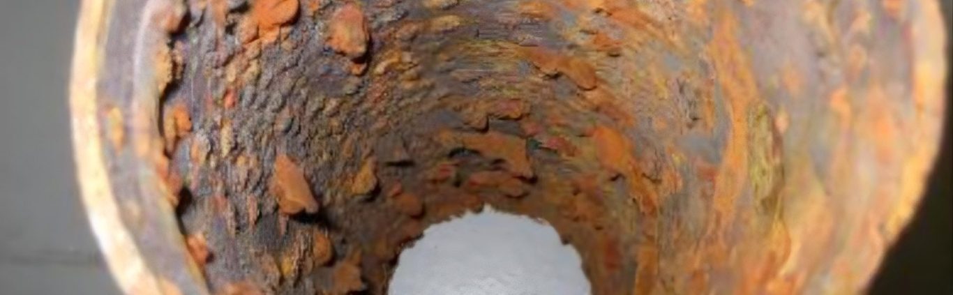 Poutre métallique légèrement rouillée dans un bâtiment ancien, montrant une corrosion superficielle en milieu sec.