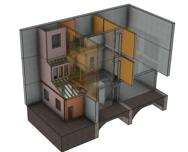 Perspective d’une confortation d'une trémie d'escalier sur 2 étages et des planchers adjacents. Perspective d’une confortation d'une trémie d'escalier sur 2 étages et des planchers adjacents.
