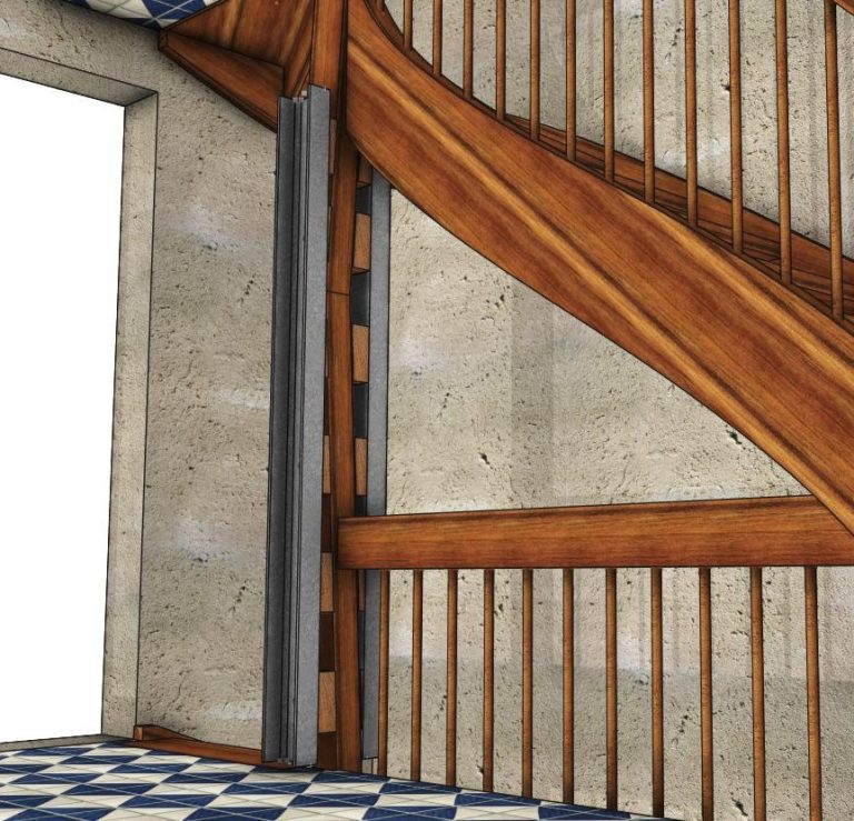 reprise d'un poteau d'escalier fortement flambé,  au droit de sa connexion en mi-bois