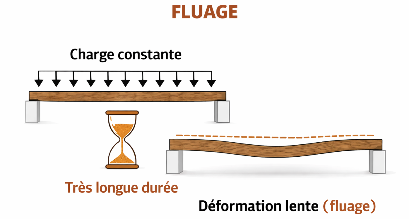 Schéma du principe de fluage sur structure en bois Schéma pédagogique illustrant le fluage d’une poutre en bois sous charge constante, montrant la déformation lente et progressive