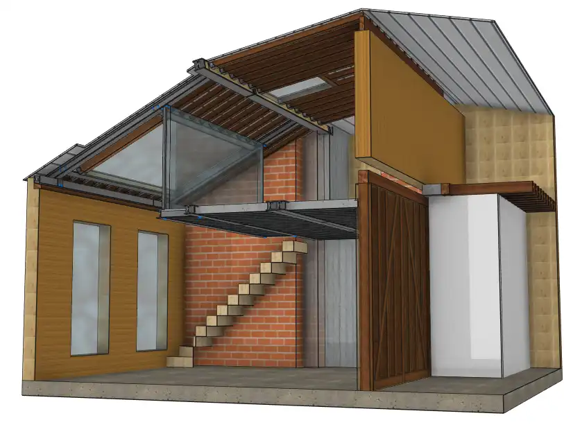 Perspective de la création d'une mezzanine sous-tendue et d'une fenêtre de toit importante. Perspective de la création d'une mezzanine sous-tendue et d'une fenêtre de toit importante.