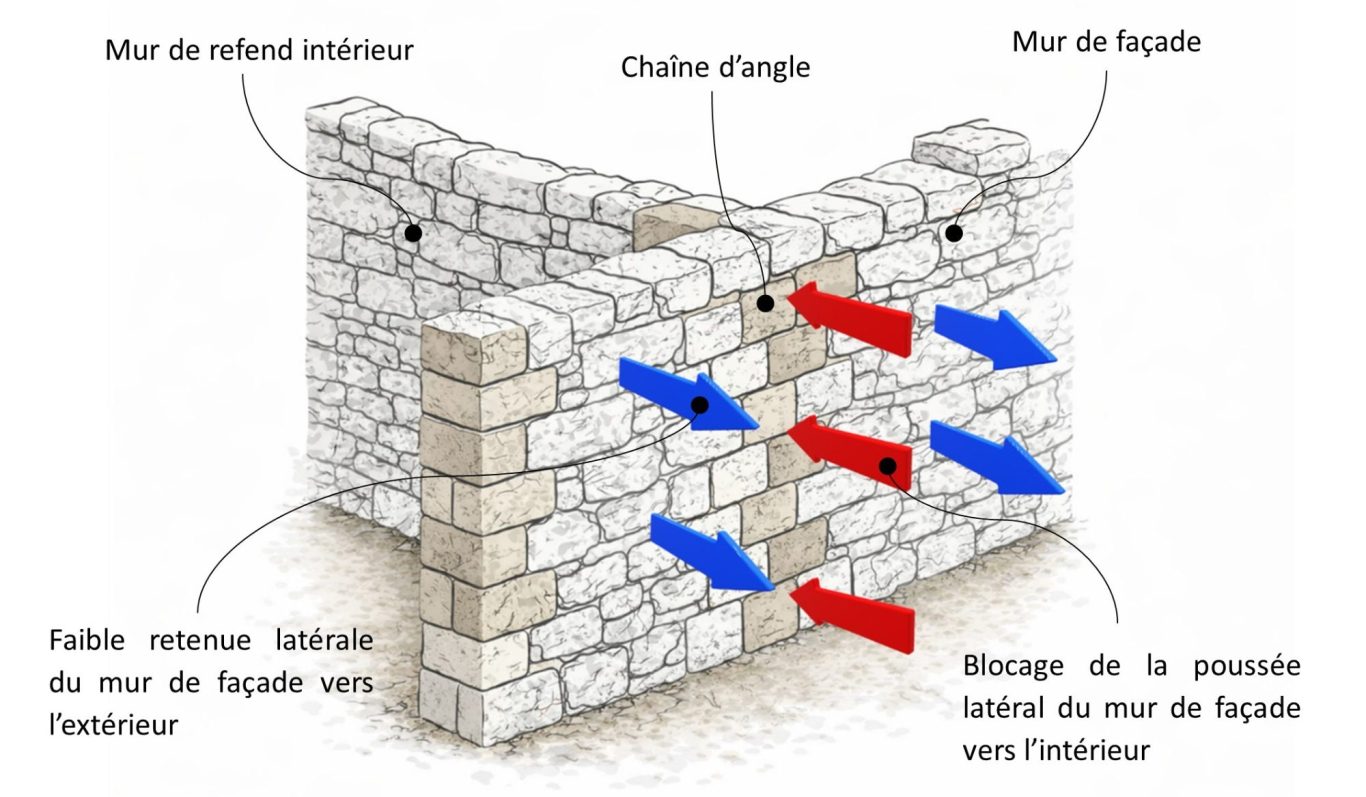 Schéma du mur de refend stabilisant les façades et reprenant les efforts.