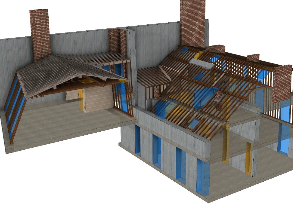 Modélisation 3D d’un bâtiment ancien avec charpente bois, planchers et structure porteuse dans un projet de réhabilitation