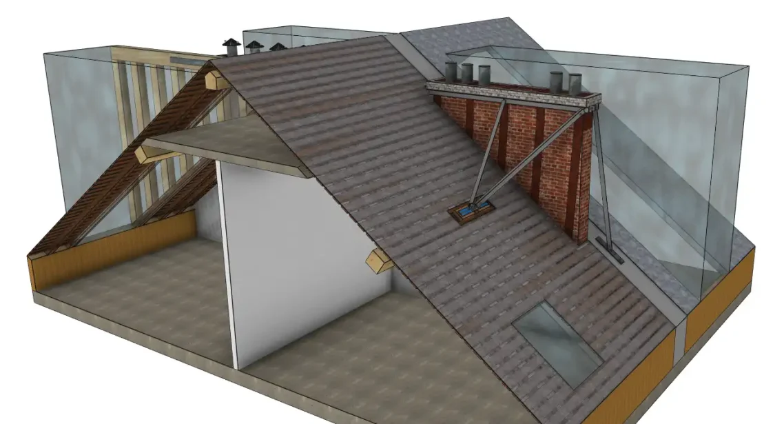 Perspective vue depuis l'extérieur de conduits maintenu par un haubanage réalisé à l'aide de tirants métalliques. Perspective vue depuis l'extérieur de conduits maintenu par un haubanage réalisé à l'aide de tirants métalliques.