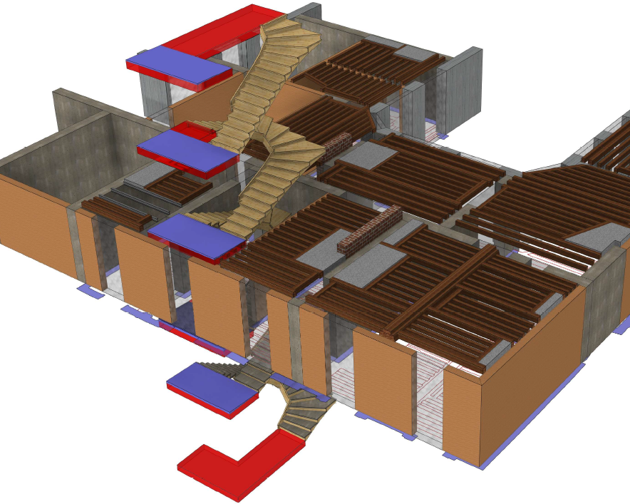 Modélisation 3D d’un bâtiment ancien avec escalier central, planchers bois et structure porteuse