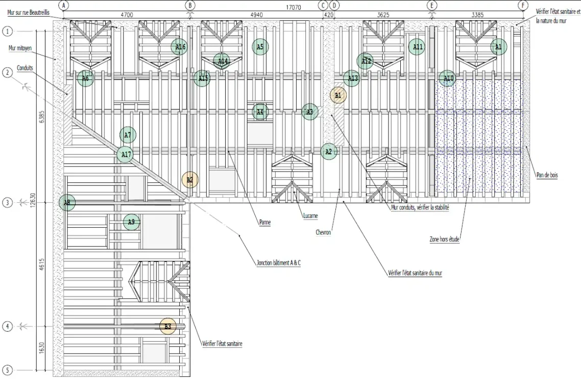 Plan de repérage des désordres sur charpente. Plan de repérage des désordres sur charpente.