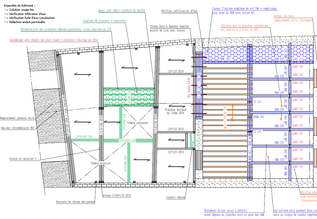 Plan technique de reprise de planchers avec renforcement structurel et répartition des charges dans un bâtiment ancien