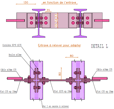 assemblage de tirants sur structure métallique en œuvre avec 4 cornières boulonnées.