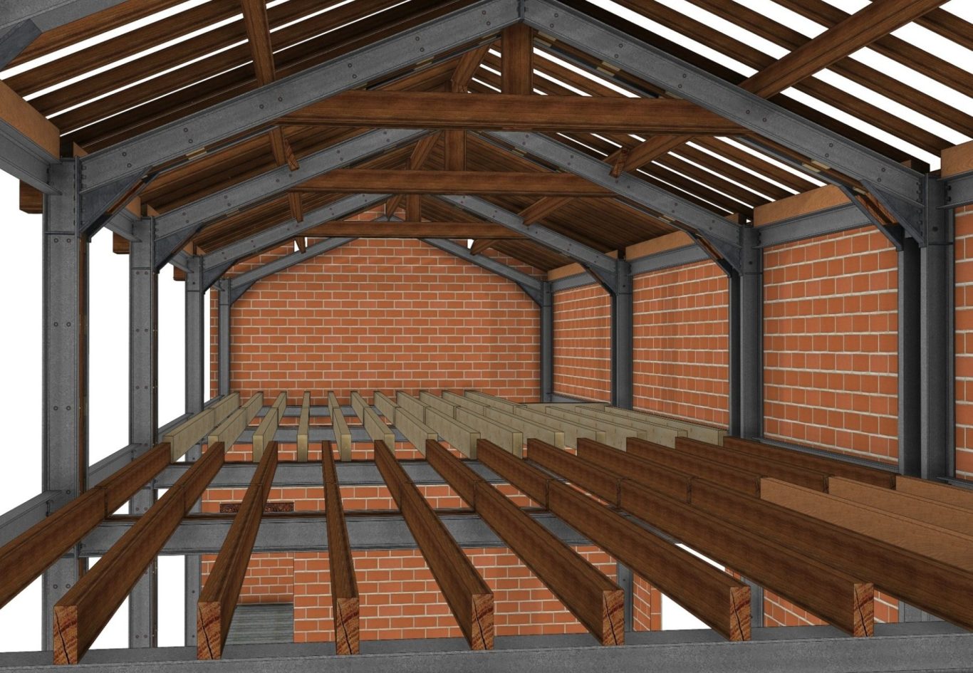 Modélisation 3D de bâtiment ancien avec structure bois existante renforcée par portiques métalliques et plancher bois