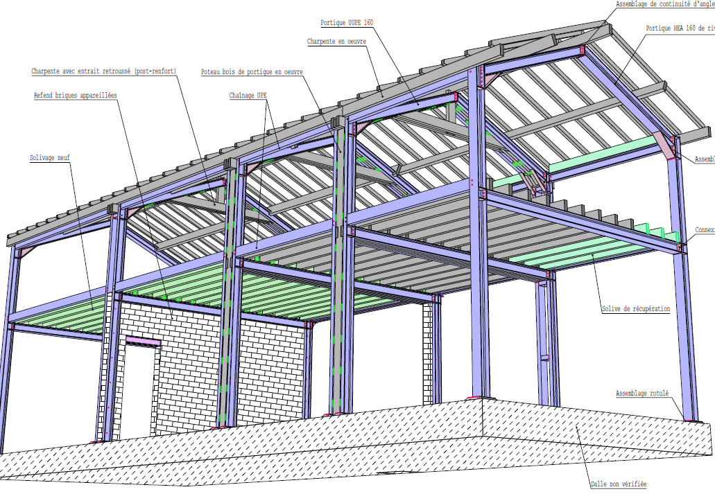 Modélisation technique d’un bâtiment ancien avec renforcement structurel par portiques métalliques et reprise des charges.