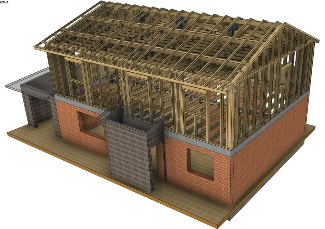 Perspective d'une maison d'habitation surélevée en ossature bois. Perspective d'une maison d'habitation surélevée en ossature bois.