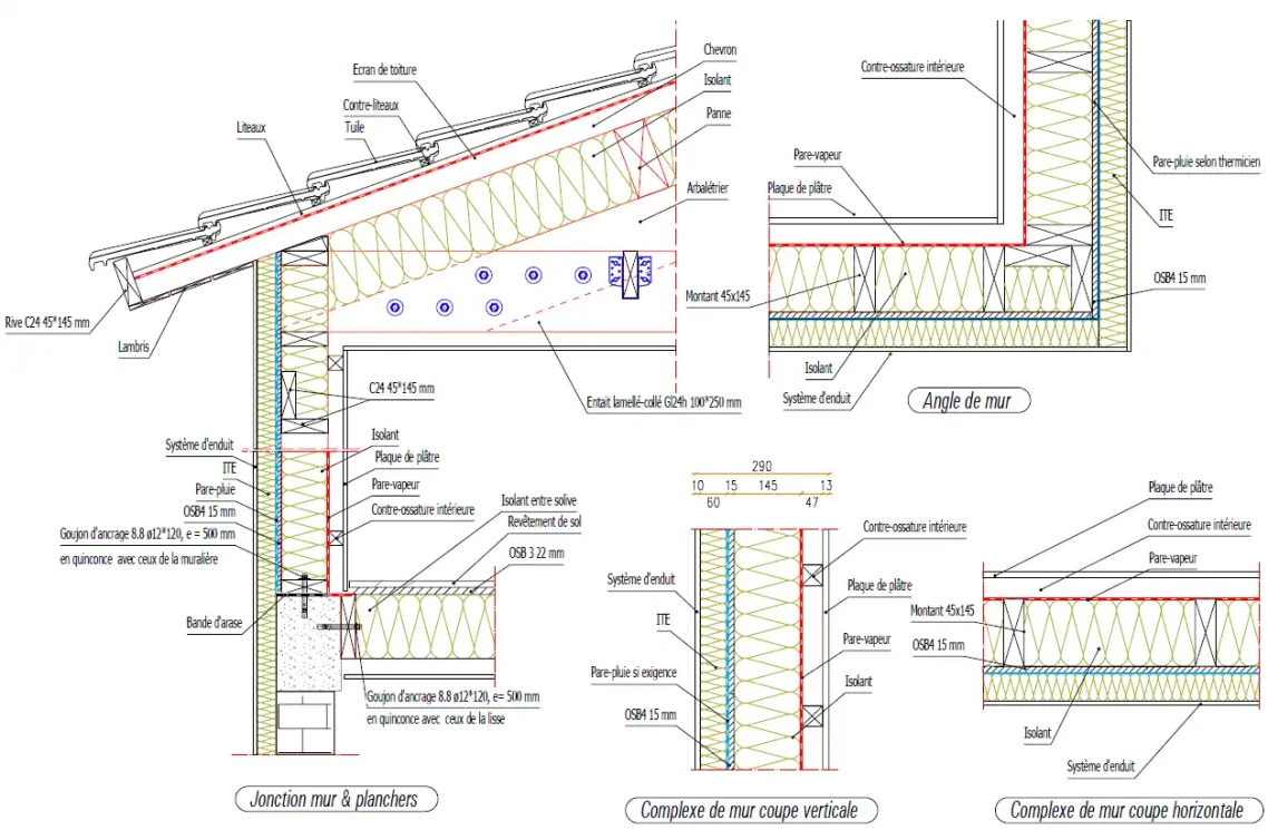 Plan de maison à ossature bois en surélévation. Plan de maison à ossature bois en surélévation.