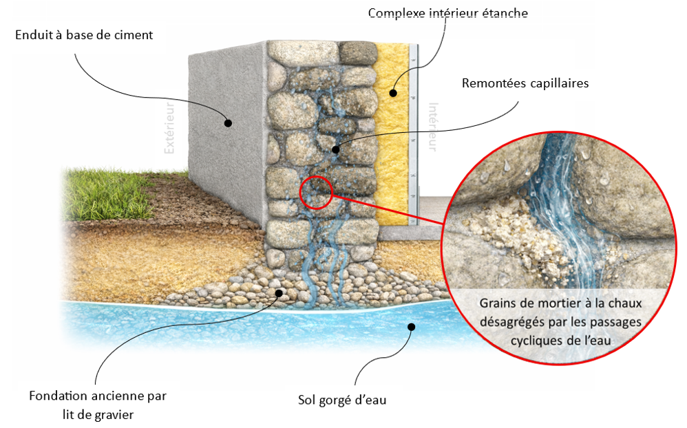 Schéma explicatif d’un mur en pierre ancien avec fondation sur lit de gravier, montrant des remontées capillaires depuis un sol gorgé d’eau