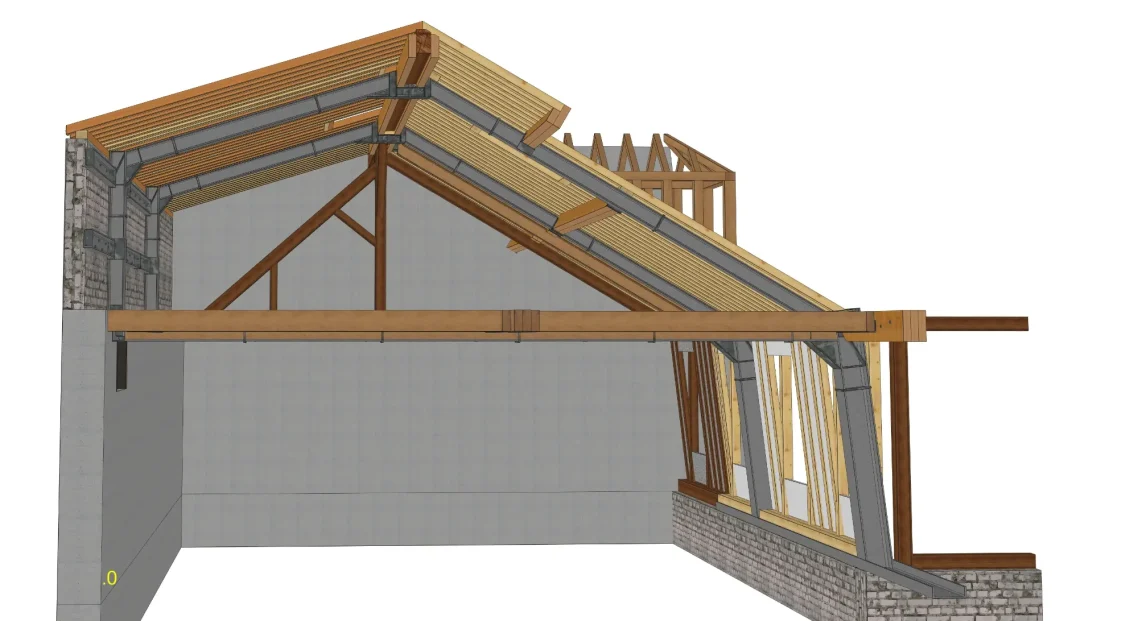 Perspective d'une charpente où les fermes sont reprises en métal jusqu'au brisis. Perspective d'une charpente où les fermes sont reprises en métal jusqu'au brisis.
