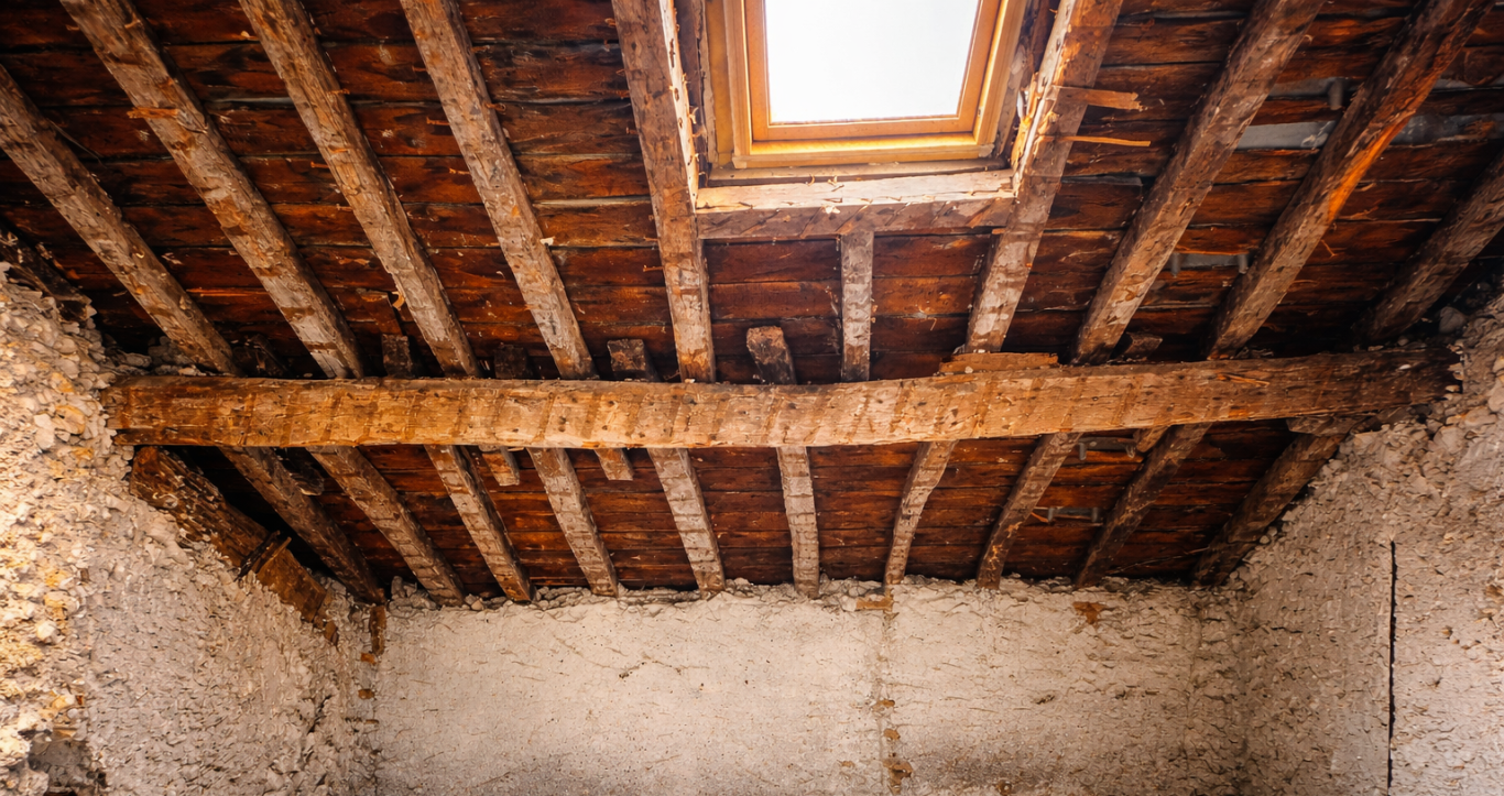 Flèche d'une panne et de chevrons Photographie d’une charpente bois ancienne vue depuis un comble, avec panne intermédiaire présentant une flèche et chevrons cintrées